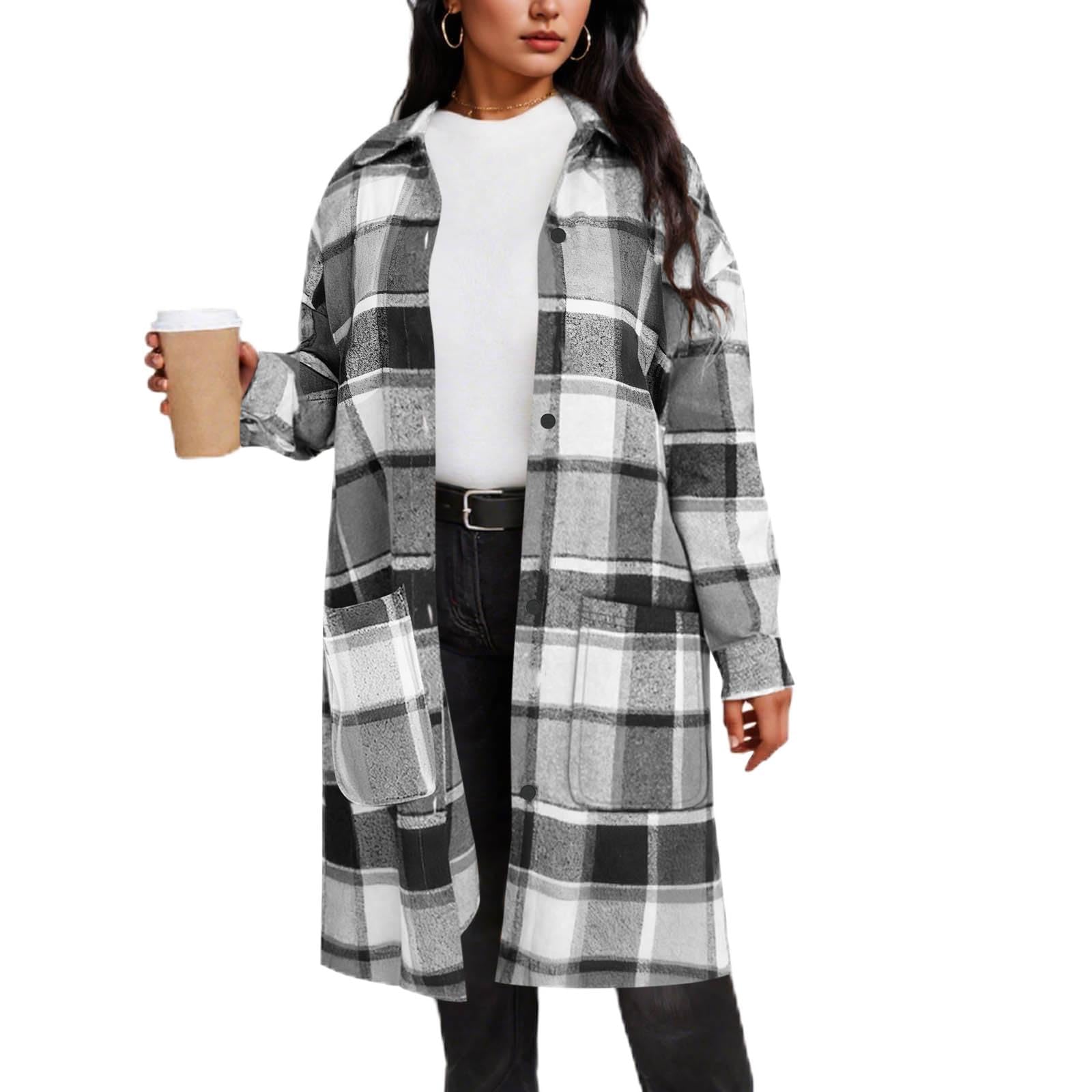 Women's Plaid Wool Coat Long Winter Lapel Peacoat Button Up Warm Overcoats Trendy Comfy Outerwear Casual Jackets